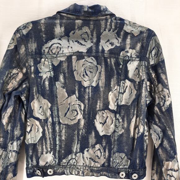 Vintage Parasuco Jeans Y2K Denim‎ Jean Jacket Metallic Silver Roses Size Small - Picture 11 of 12
